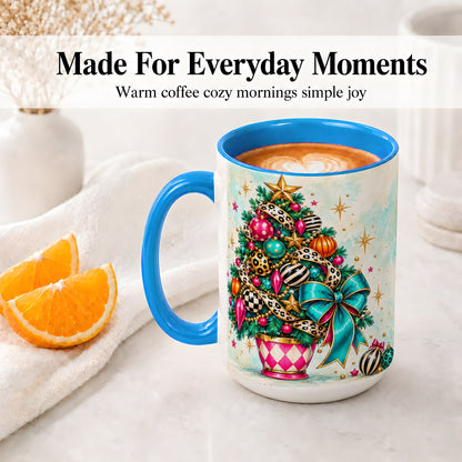 #pl[15oz|Blue] Colorful Christmas Tree Accent Mug, Ceramic Cup with Leopard Bow