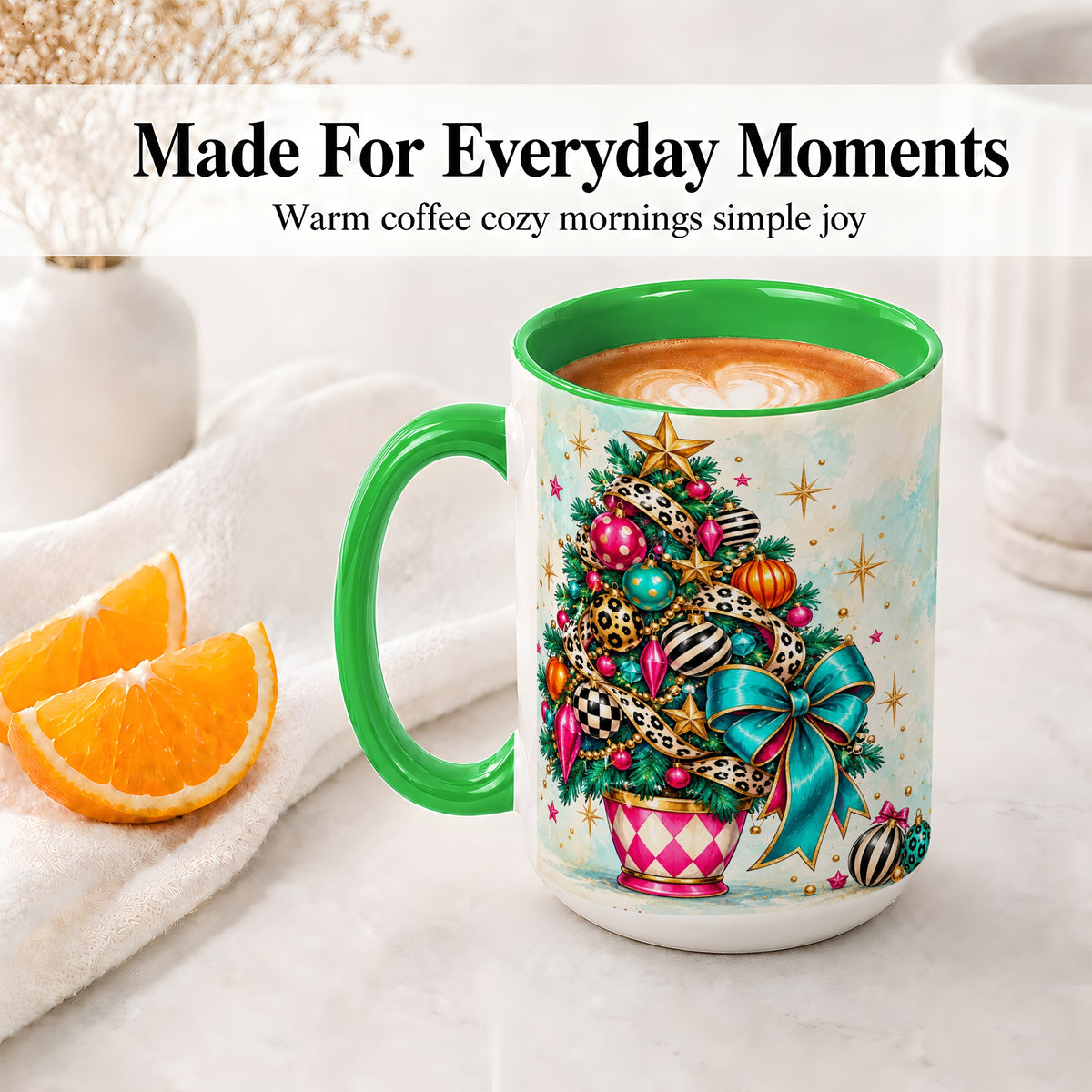 #pl[15oz|Green] Colorful Christmas Tree Accent Mug, Ceramic Cup with Leopard Bow