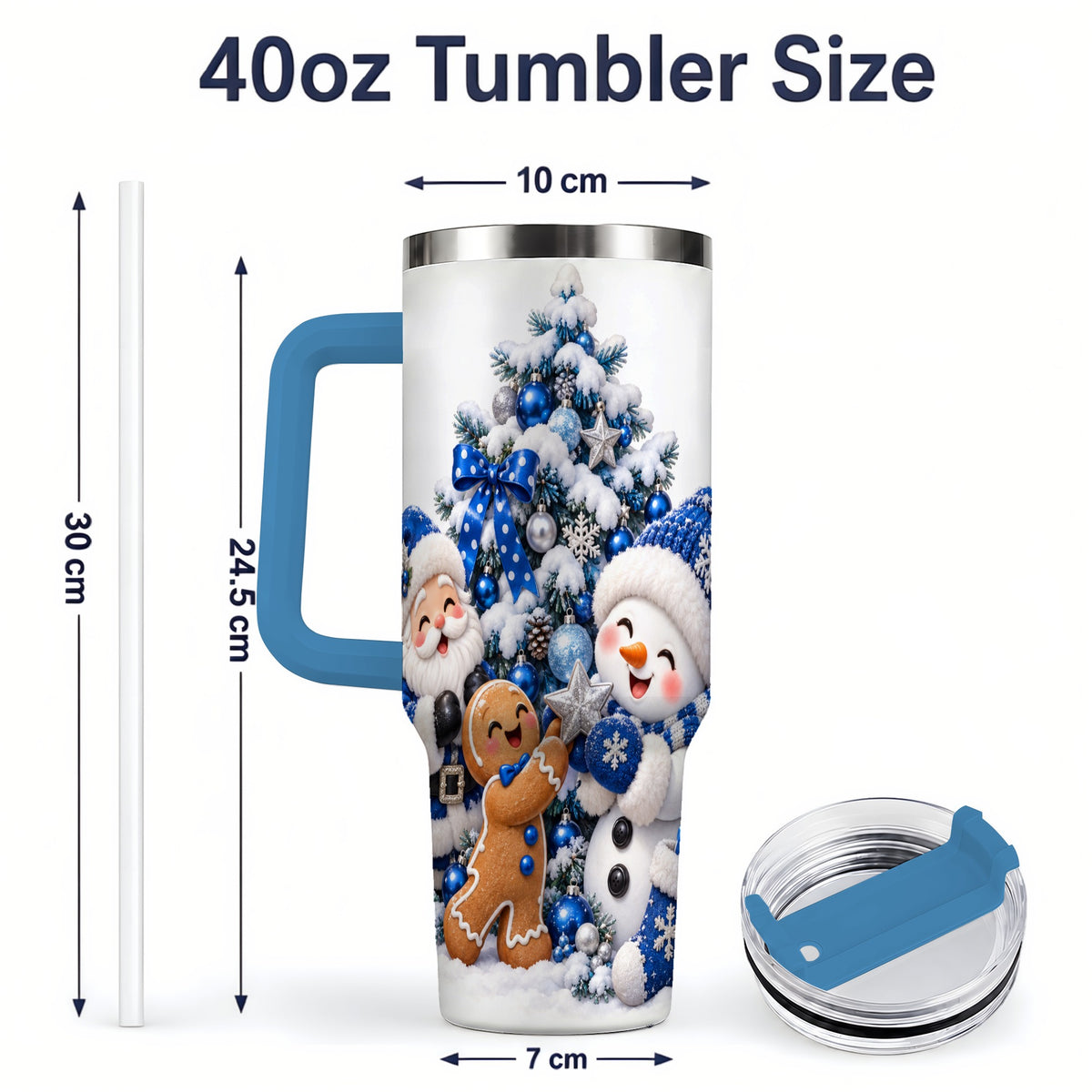 #pl[40oz|Blue] Blue Santa Snowman Handled Tumbler, 40oz Christmas Drinkware