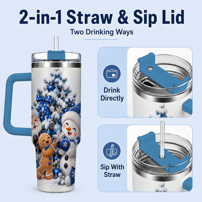 #pl[40oz|Blue] Blue Santa Snowman Handled Tumbler, 40oz Christmas Drinkware