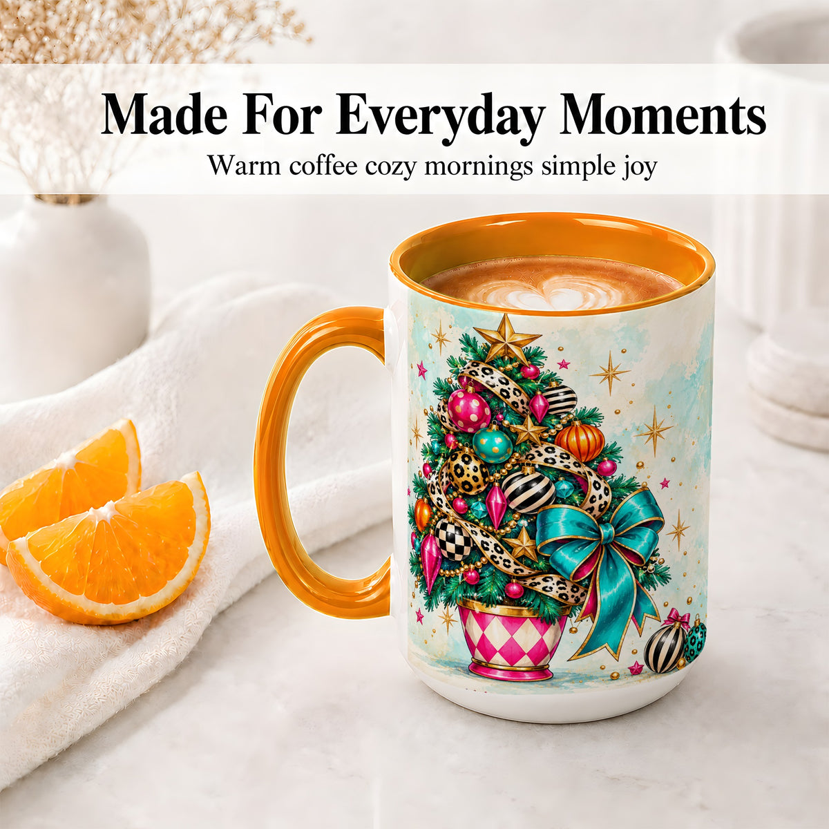 #pl[15oz|Orange] Colorful Christmas Tree Accent Mug, Ceramic Cup with Leopard Bow