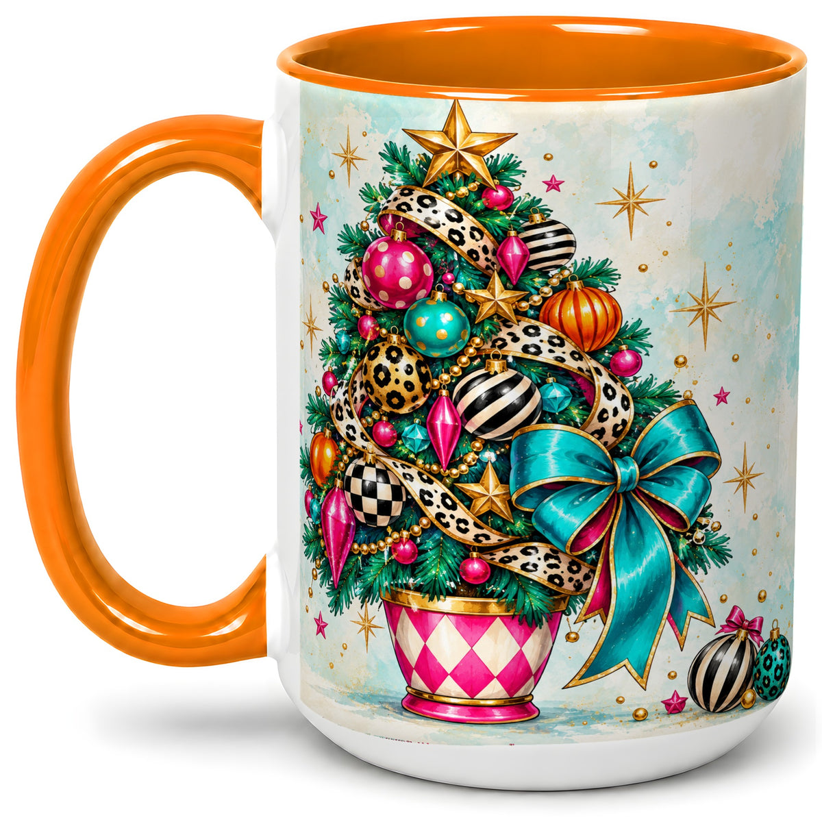 #pl[15oz|Orange] Colorful Christmas Tree Accent Mug, Ceramic Cup with Leopard Bow