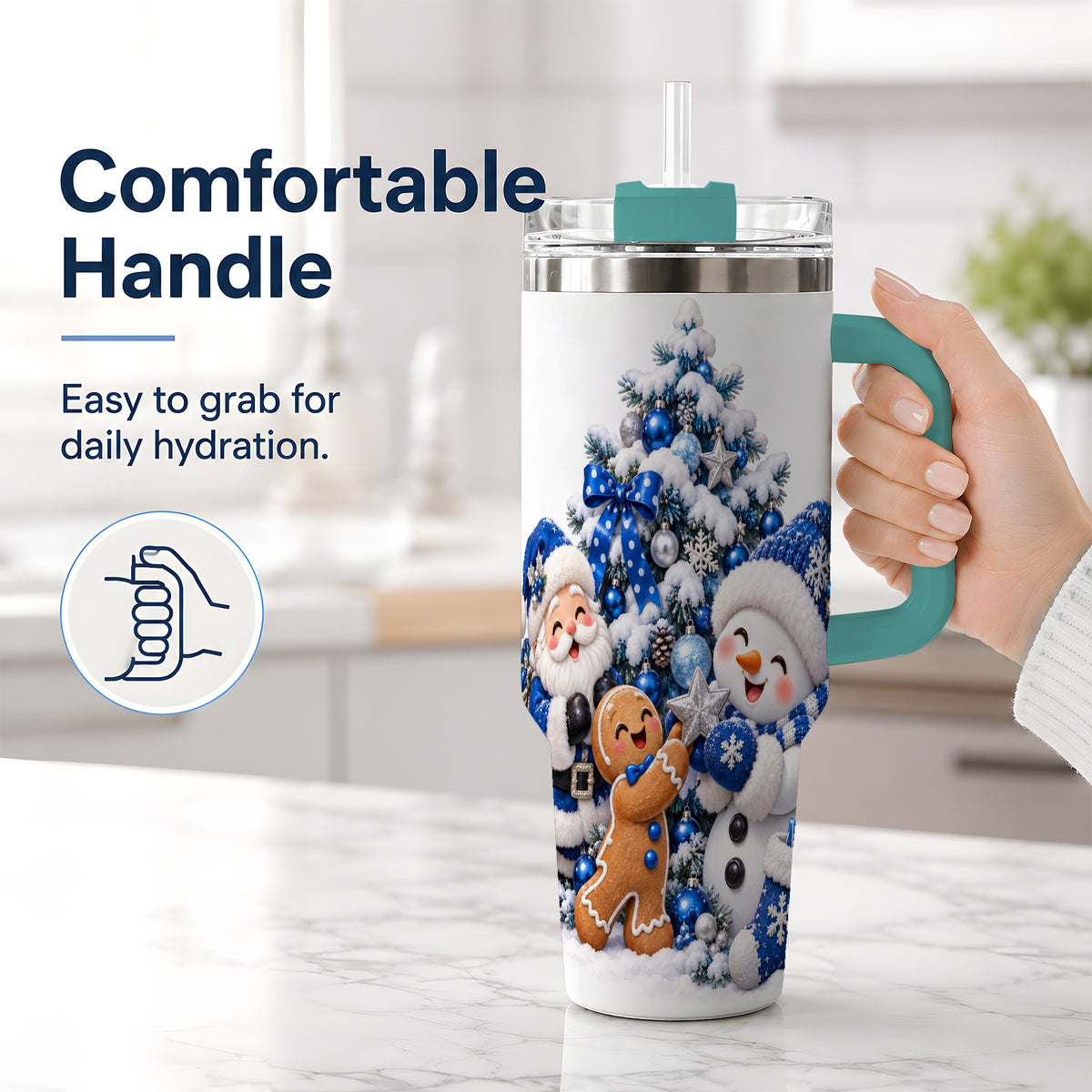 #pl[40oz|Green] Blue Santa Snowman Handled Tumbler, 40oz Christmas Drinkware
