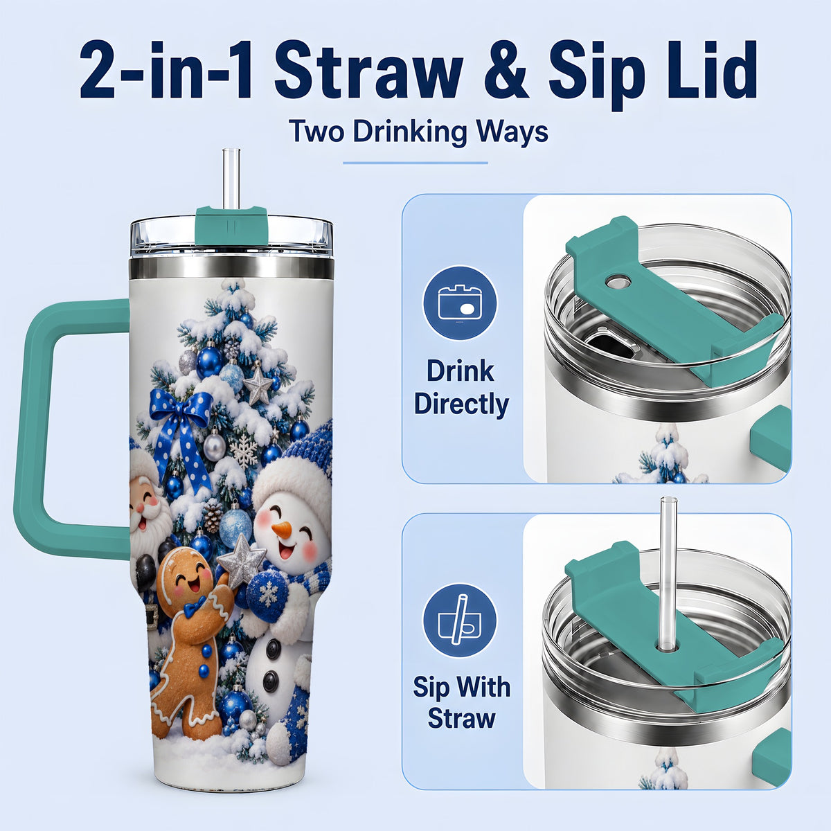 #pl[40oz|Green] Blue Santa Snowman Handled Tumbler, 40oz Christmas Drinkware