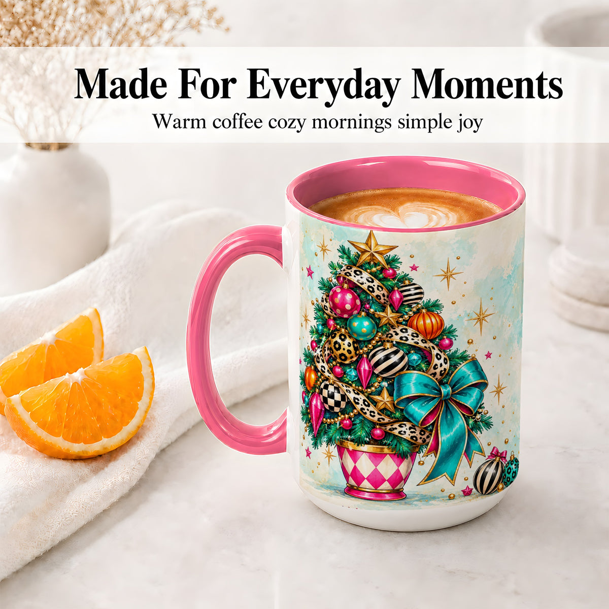 #pl[15oz|Pink] Colorful Christmas Tree Accent Mug, Ceramic Cup with Leopard Bow