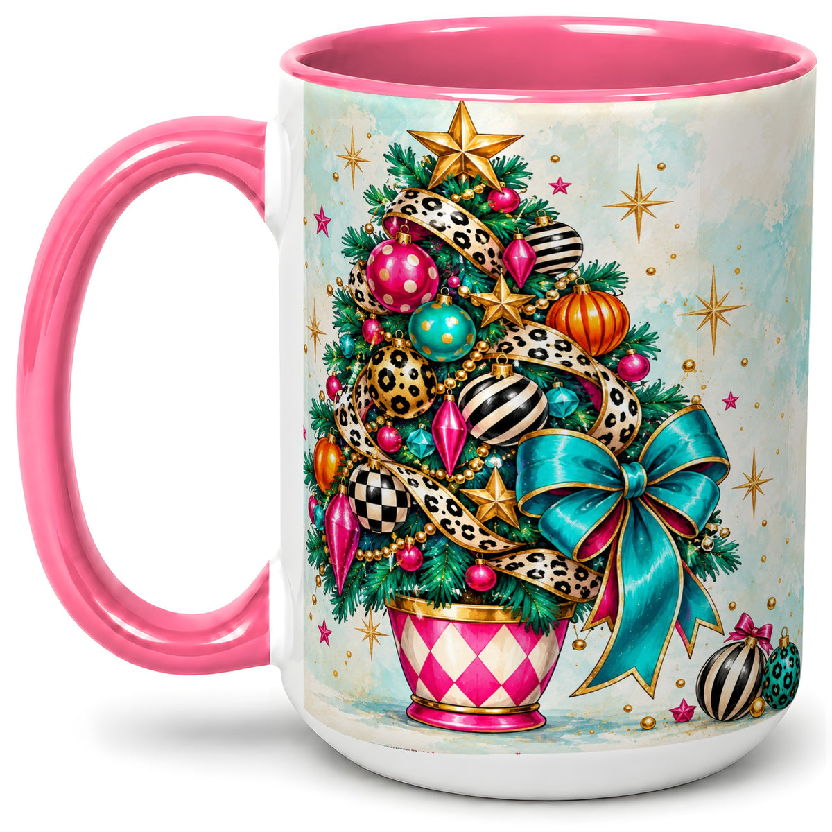 #pl[15oz|Pink] Colorful Christmas Tree Accent Mug, Ceramic Cup with Leopard Bow