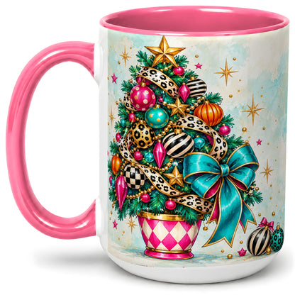 #pl[15oz|Pink] Colorful Christmas Tree Accent Mug, Ceramic Cup with Leopard Bow