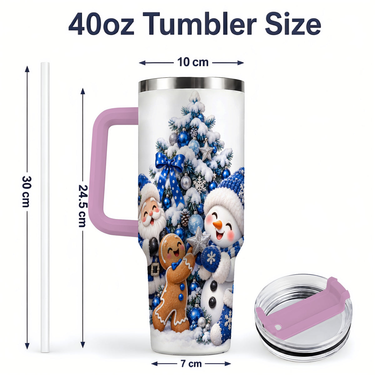 #pl[40oz|Pink] Blue Santa Snowman Handled Tumbler, 40oz Christmas Drinkware