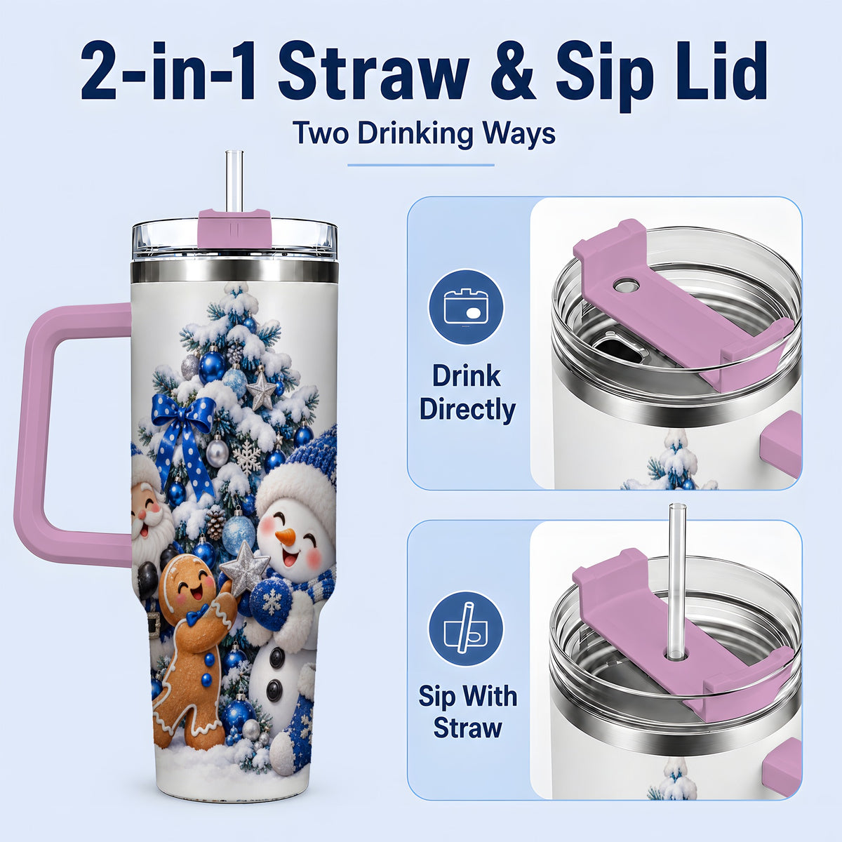#pl[40oz|Pink] Blue Santa Snowman Handled Tumbler, 40oz Christmas Drinkware