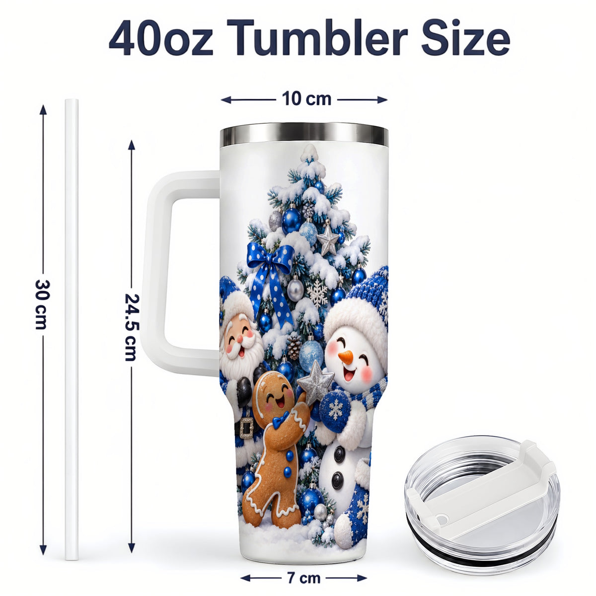#pl[40oz|White] Blue Santa Snowman Handled Tumbler, 40oz Christmas Drinkware