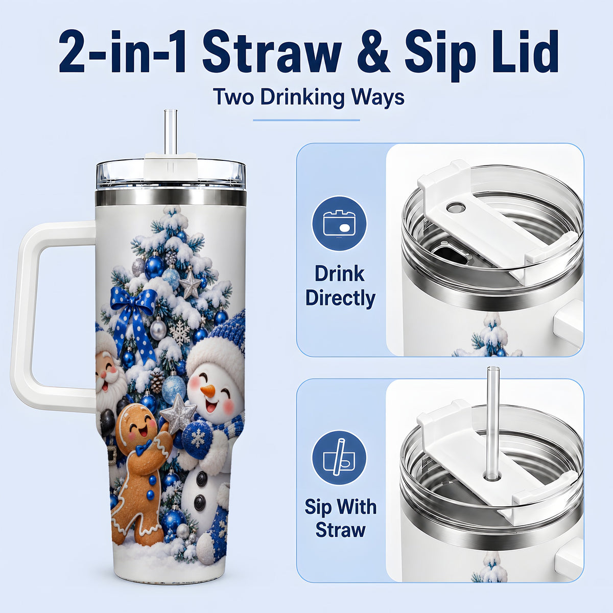 #pl[40oz|White] Blue Santa Snowman Handled Tumbler, 40oz Christmas Drinkware