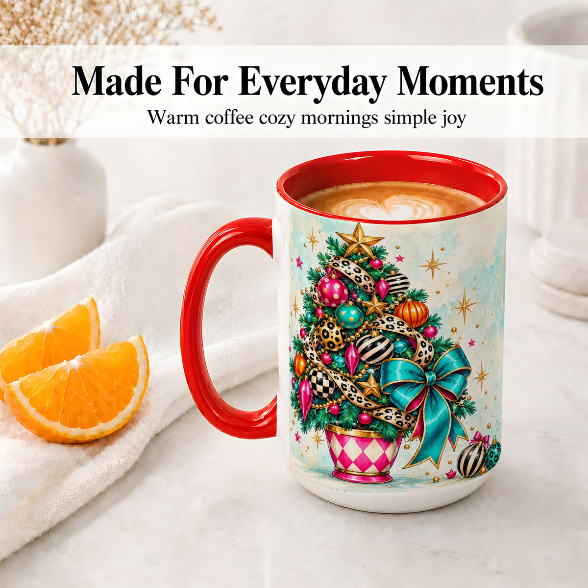 #pl[15oz|Red] Colorful Christmas Tree Accent Mug, Ceramic Cup with Leopard Bow