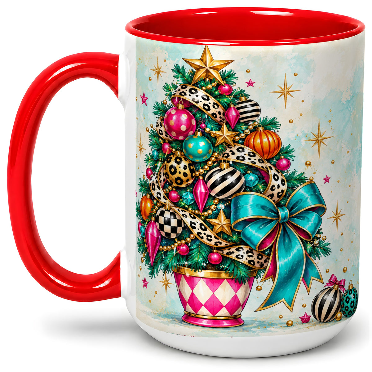 #pl[15oz|Red] Colorful Christmas Tree Accent Mug, Ceramic Cup with Leopard Bow