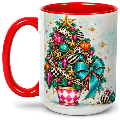 #pl[15oz|Red] Colorful Christmas Tree Accent Mug, Ceramic Cup with Leopard Bow