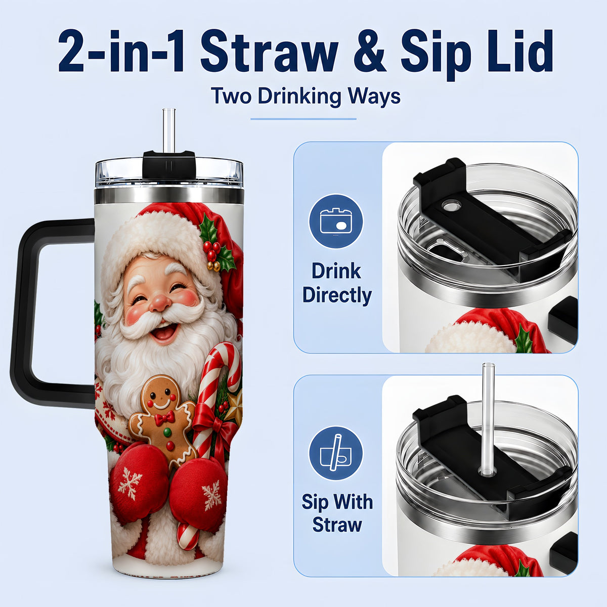 #pl[40oz|Black] Jolly Santa Claus Handled Tumbler, 40oz Christmas Drinkware