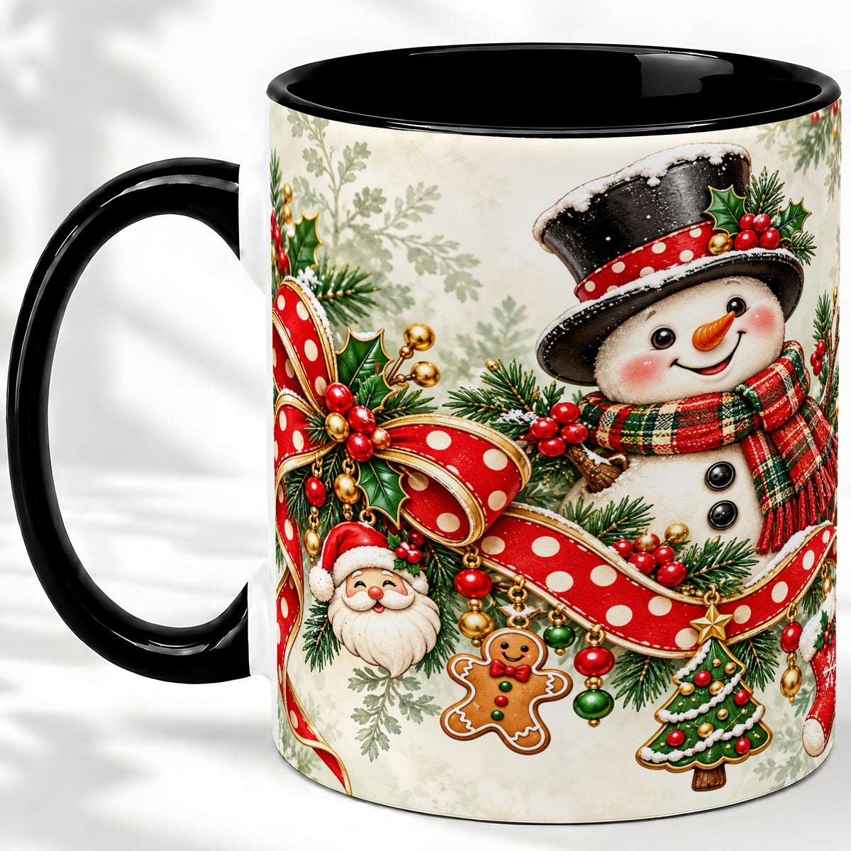 #pl[11oz|Black] Christmas Snowman Accent Mug, Ceramic Cup with Red Bow Artwork