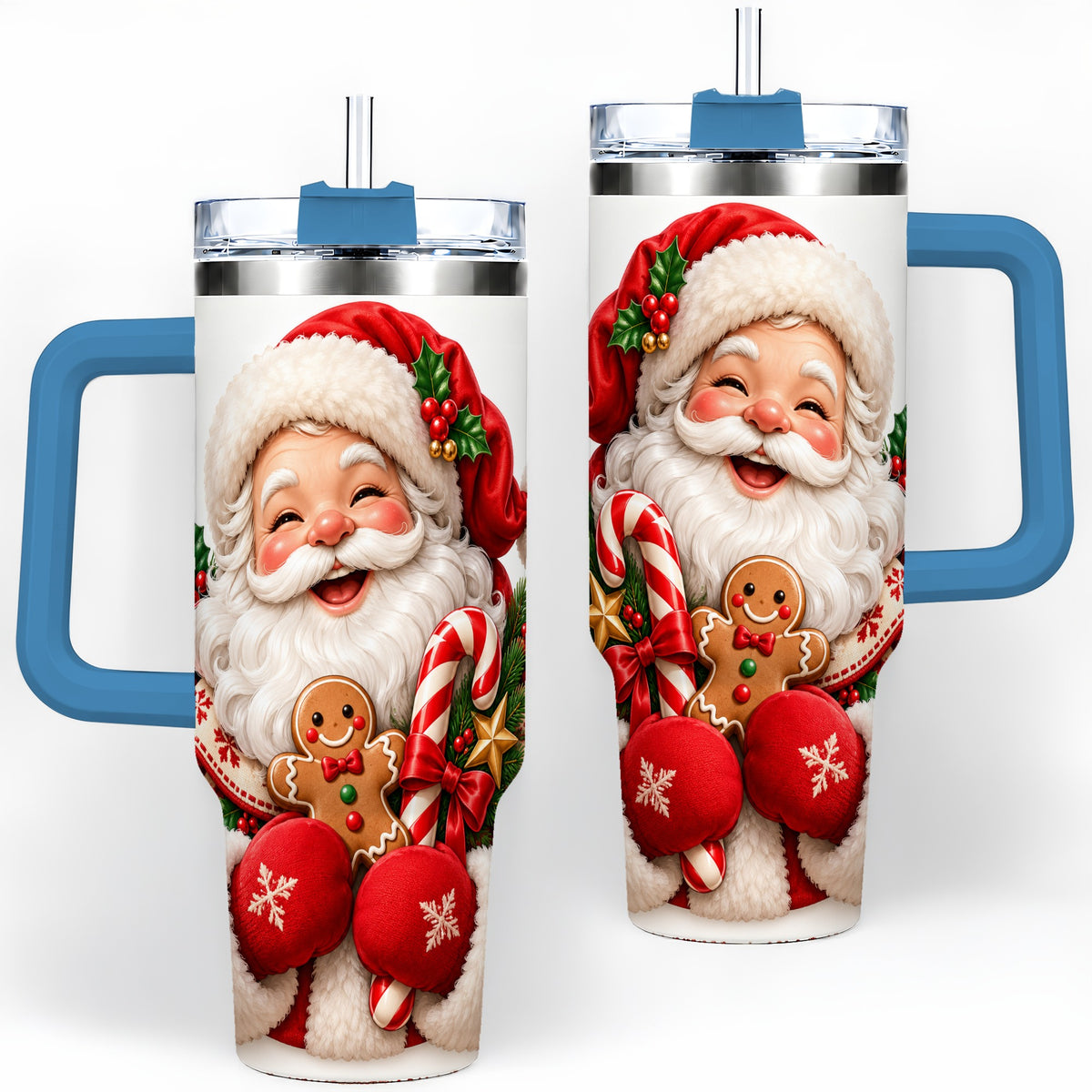 #pl[40oz|Blue] Jolly Santa Claus Handled Tumbler, 40oz Christmas Drinkware