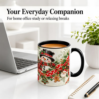 #pl[11oz|Black] Christmas Snowman Accent Mug, Ceramic Cup with Red Bow Artwork