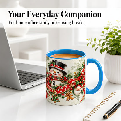 #pl[11oz|Blue] Christmas Snowman Accent Mug, Ceramic Cup with Red Bow Artwork