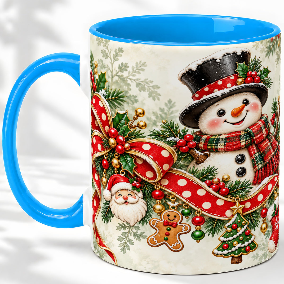 #pl[11oz|Blue] Christmas Snowman Accent Mug, Ceramic Cup with Red Bow Artwork