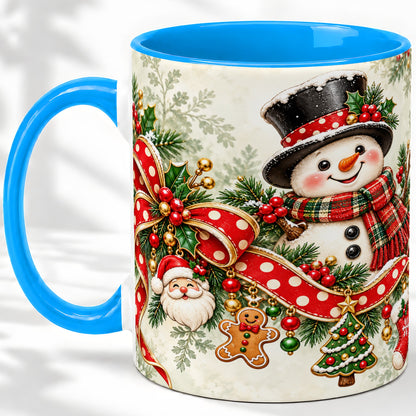 #pl[11oz|Blue] Christmas Snowman Accent Mug, Ceramic Cup with Red Bow Artwork