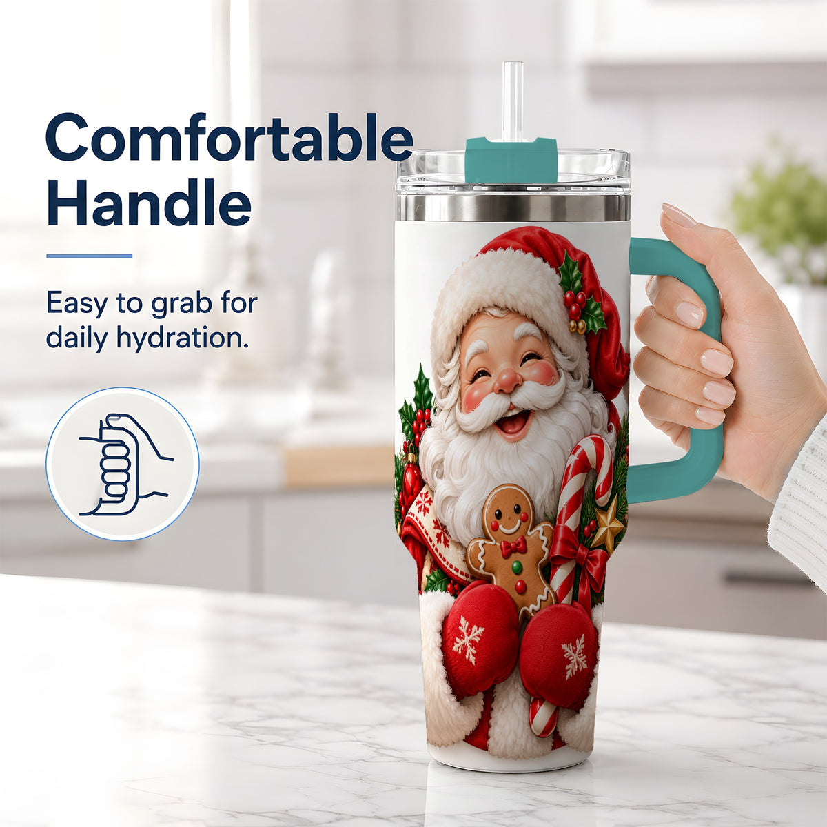 #pl[40oz|Green] Jolly Santa Claus Handled Tumbler, 40oz Christmas Drinkware