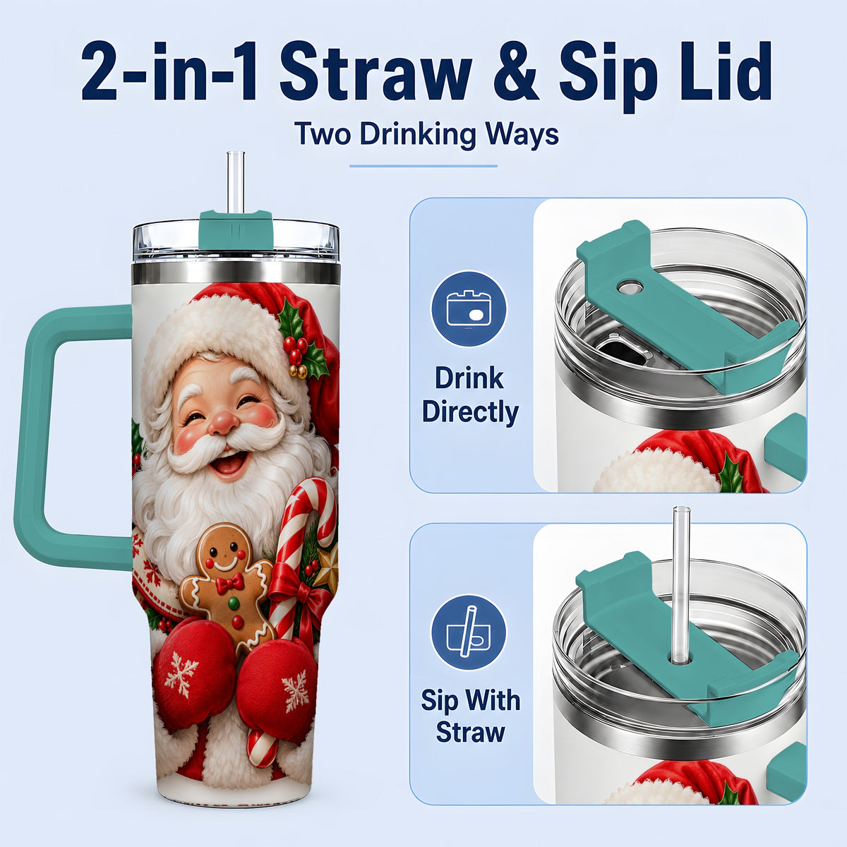 #pl[40oz|Green] Jolly Santa Claus Handled Tumbler, 40oz Christmas Drinkware
