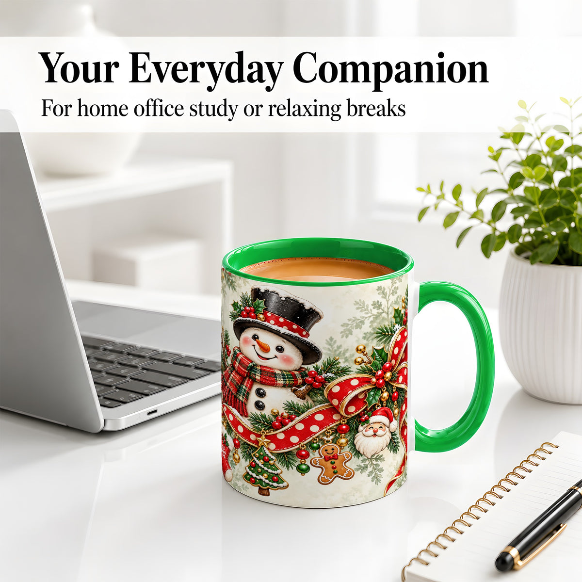 #pl[11oz|Green] Christmas Snowman Accent Mug, Ceramic Cup with Red Bow Artwork