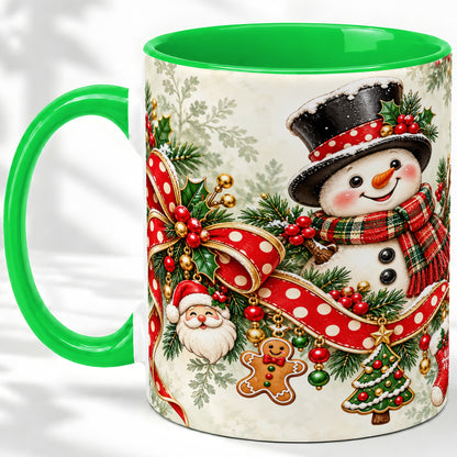 #pl[11oz|Green] Christmas Snowman Accent Mug, Ceramic Cup with Red Bow Artwork
