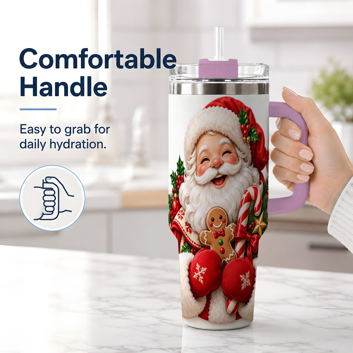 #pl[40oz|Pink] Jolly Santa Claus Handled Tumbler, 40oz Christmas Drinkware