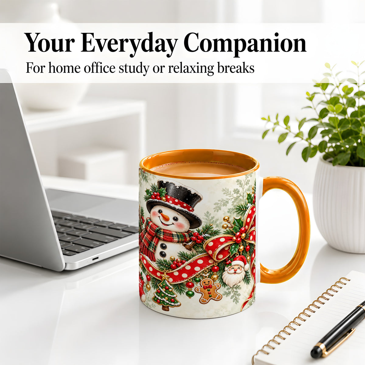 #pl[11oz|Orange] Christmas Snowman Accent Mug, Ceramic Cup with Red Bow Artwork