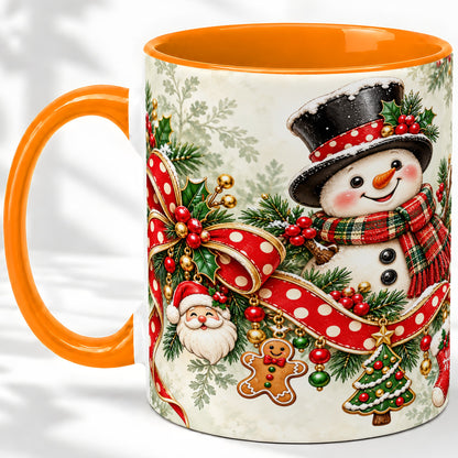 #pl[11oz|Orange] Christmas Snowman Accent Mug, Ceramic Cup with Red Bow Artwork