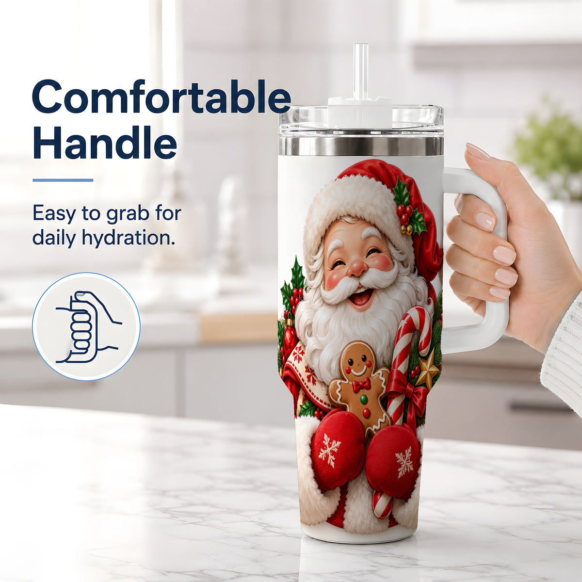 #pl[40oz|White] Jolly Santa Claus Handled Tumbler, 40oz Christmas Drinkware
