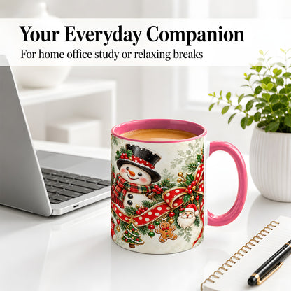 #pl[11oz|Pink] Christmas Snowman Accent Mug, Ceramic Cup with Red Bow Artwork