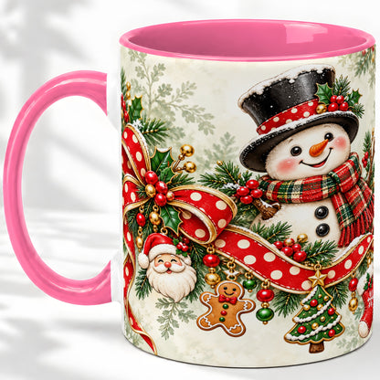 #pl[11oz|Pink] Christmas Snowman Accent Mug, Ceramic Cup with Red Bow Artwork
