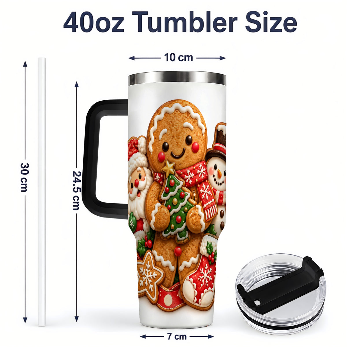 #pl[40oz|Black] Gingerbread Christmas Handled Tumbler, 40oz Festive Drinkware