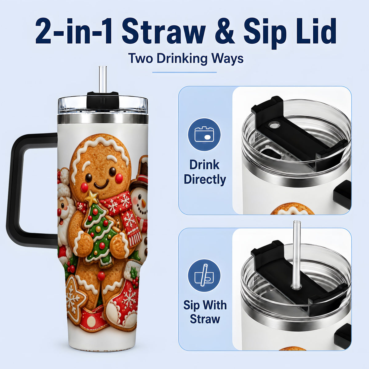 #pl[40oz|Black] Gingerbread Christmas Handled Tumbler, 40oz Festive Drinkware