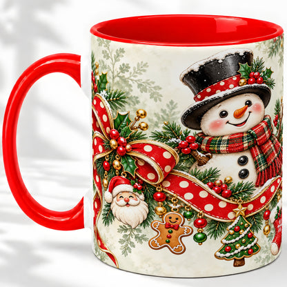 Christmas Snowman Accent Mug, Ceramic Cup with Red Bow Artwork