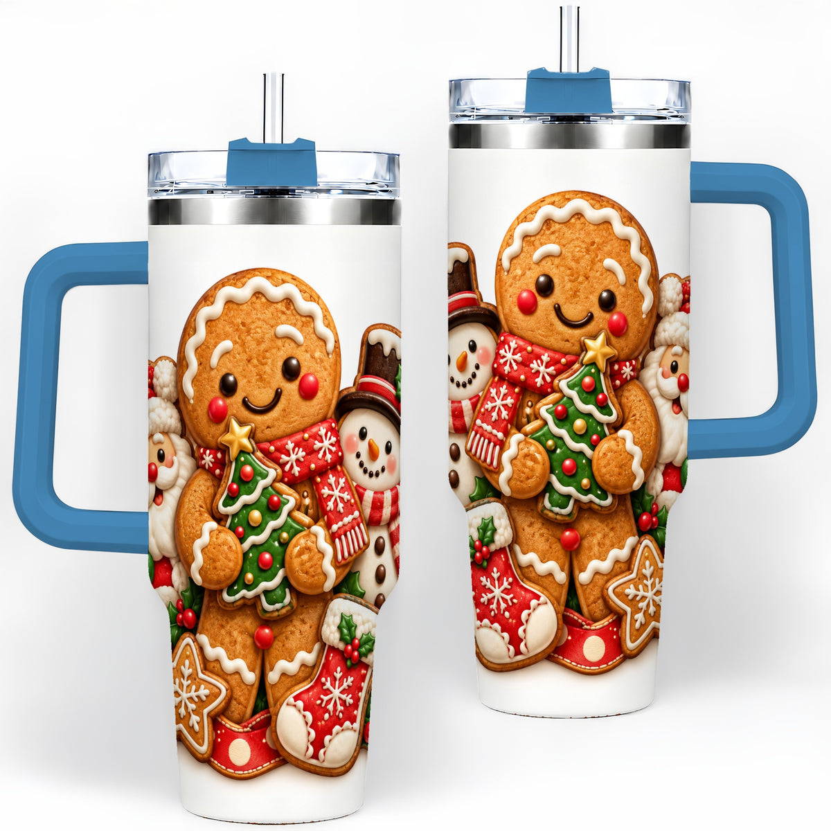 #pl[40oz|Blue] Gingerbread Christmas Handled Tumbler, 40oz Festive Drinkware