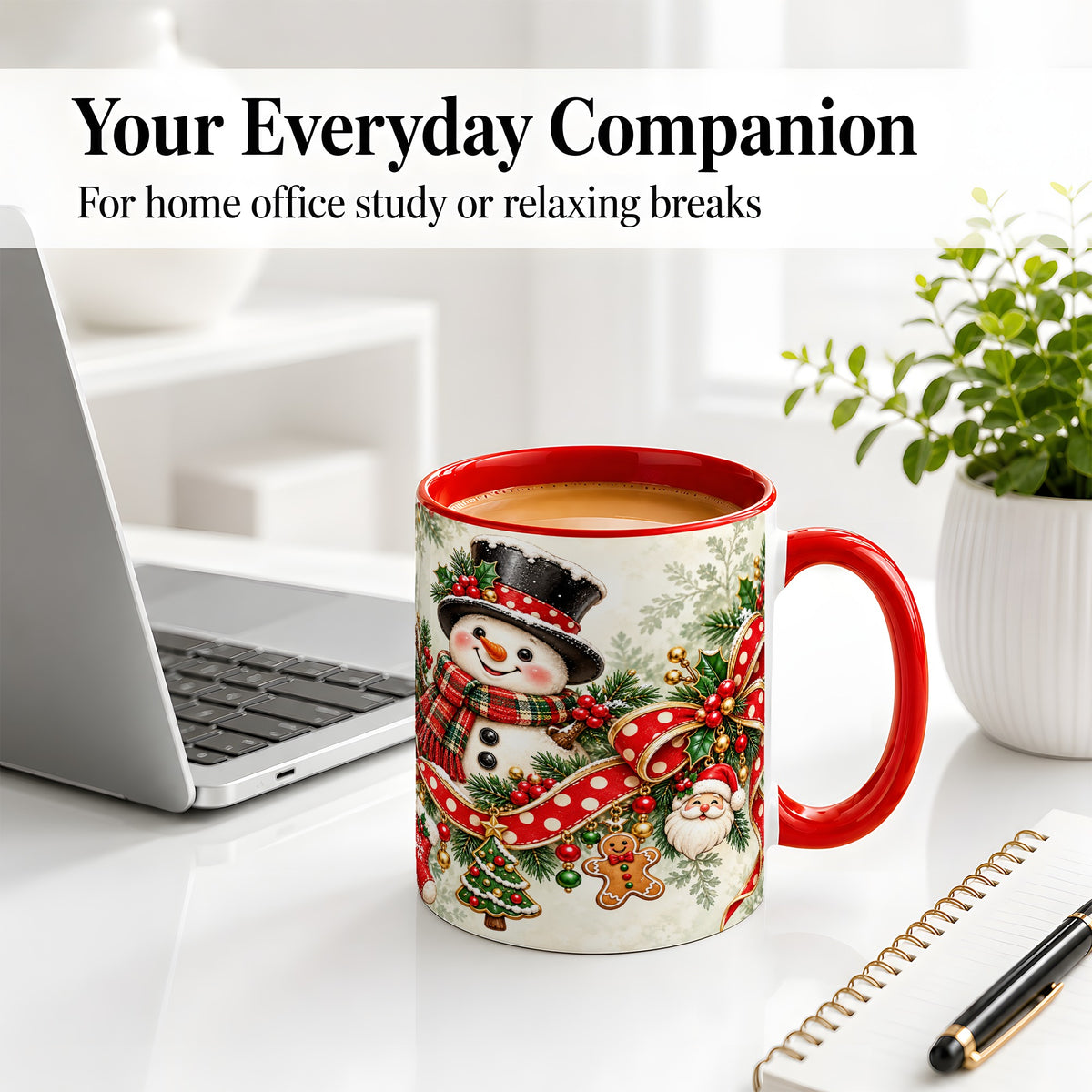 #pl[11oz|Red] Christmas Snowman Accent Mug, Ceramic Cup with Red Bow Artwork