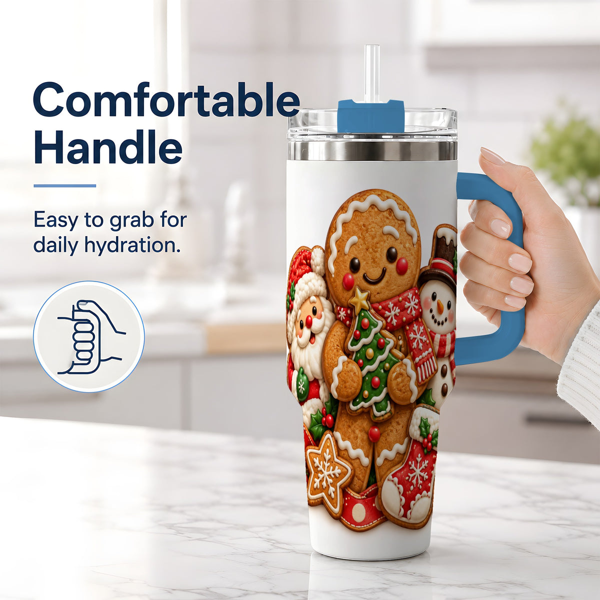 #pl[40oz|Blue] Gingerbread Christmas Handled Tumbler, 40oz Festive Drinkware