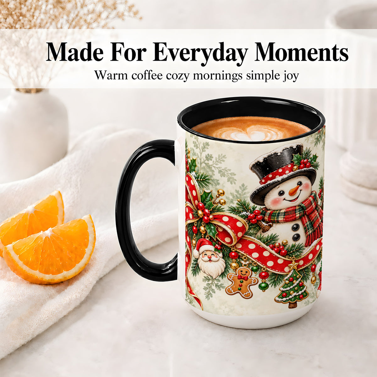 #pl[15oz|Black] Christmas Snowman Accent Mug, Ceramic Cup with Red Bow Artwork