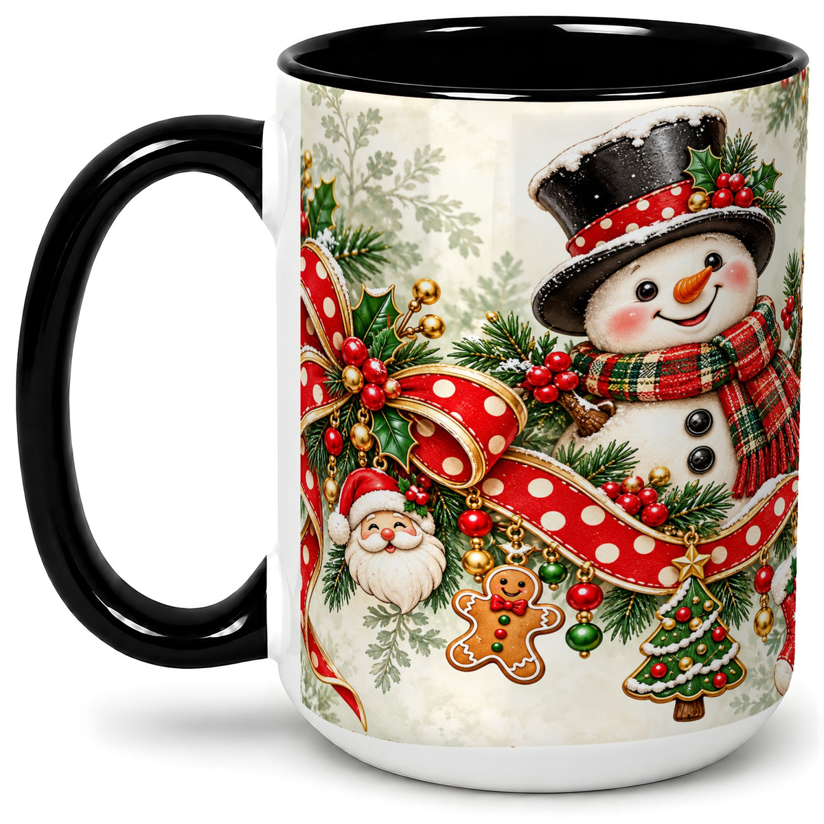 #pl[15oz|Black] Christmas Snowman Accent Mug, Ceramic Cup with Red Bow Artwork
