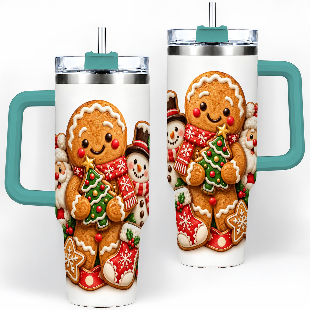 #pl[40oz|Green] Gingerbread Christmas Handled Tumbler, 40oz Festive Drinkware