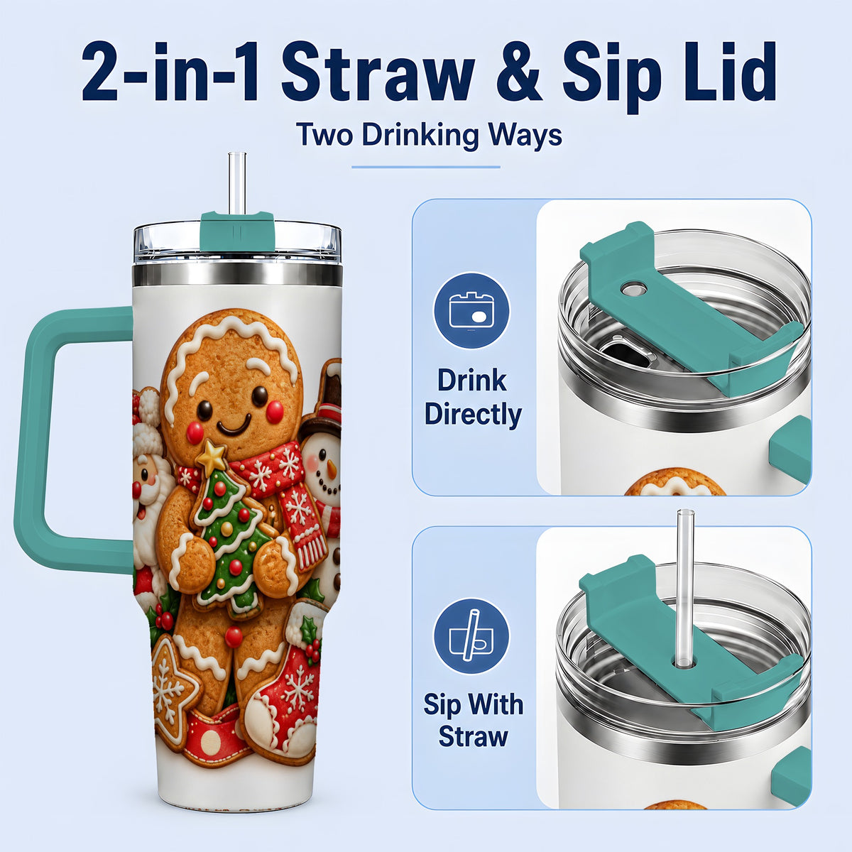 #pl[40oz|Green] Gingerbread Christmas Handled Tumbler, 40oz Festive Drinkware