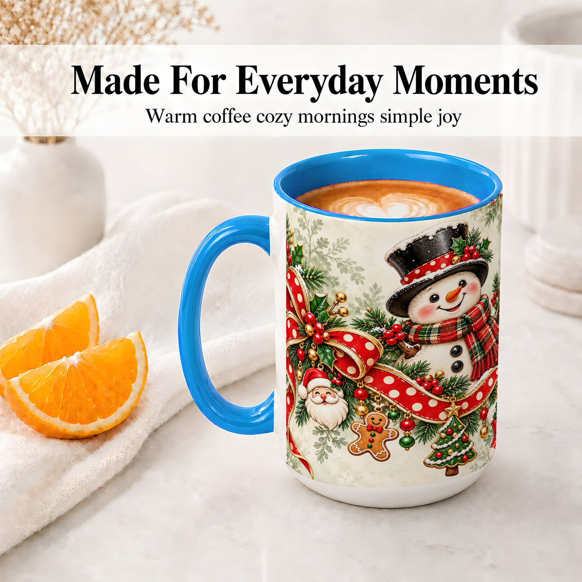 #pl[15oz|Blue] Christmas Snowman Accent Mug, Ceramic Cup with Red Bow Artwork