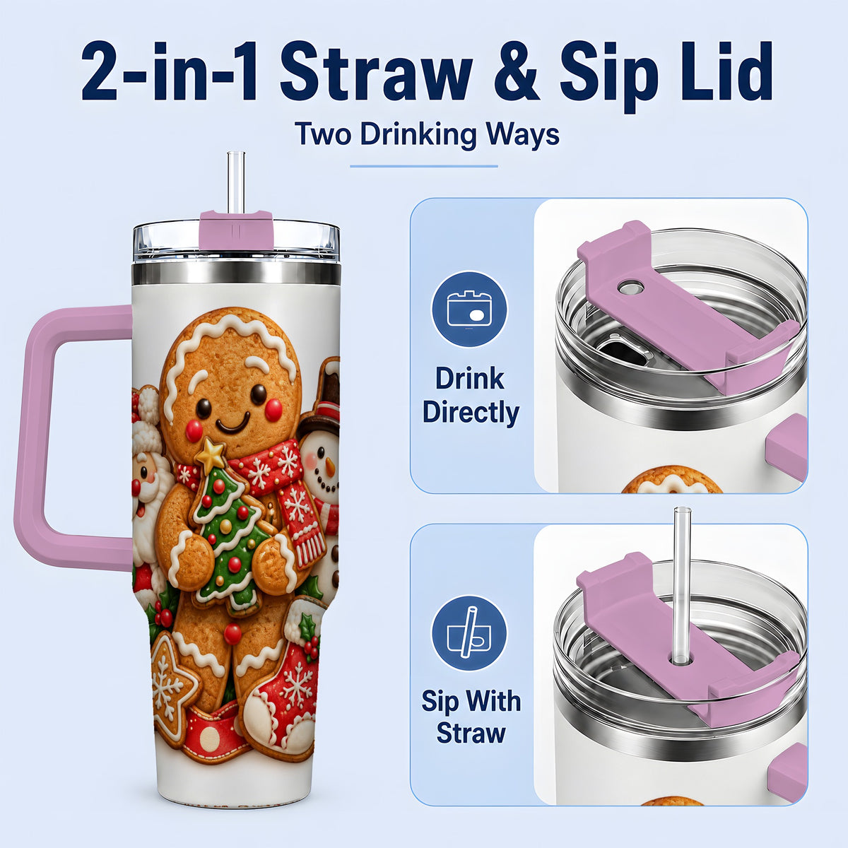 #pl[40oz|Pink] Gingerbread Christmas Handled Tumbler, 40oz Festive Drinkware