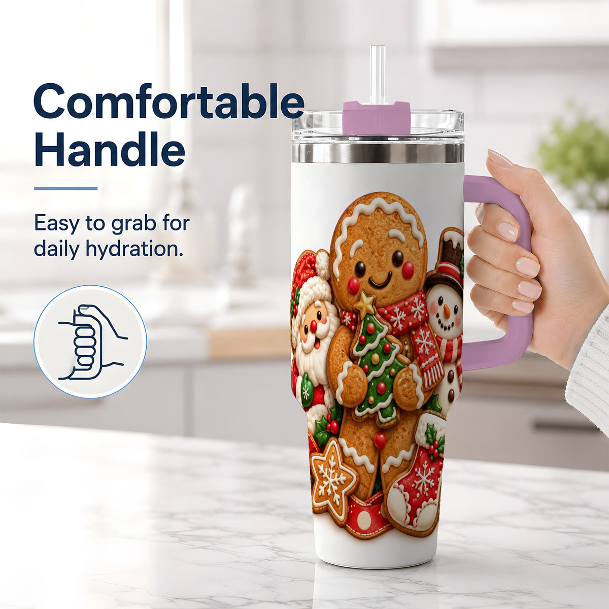 #pl[40oz|Pink] Gingerbread Christmas Handled Tumbler, 40oz Festive Drinkware