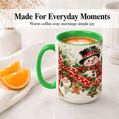 #pl[15oz|Green] Christmas Snowman Accent Mug, Ceramic Cup with Red Bow Artwork