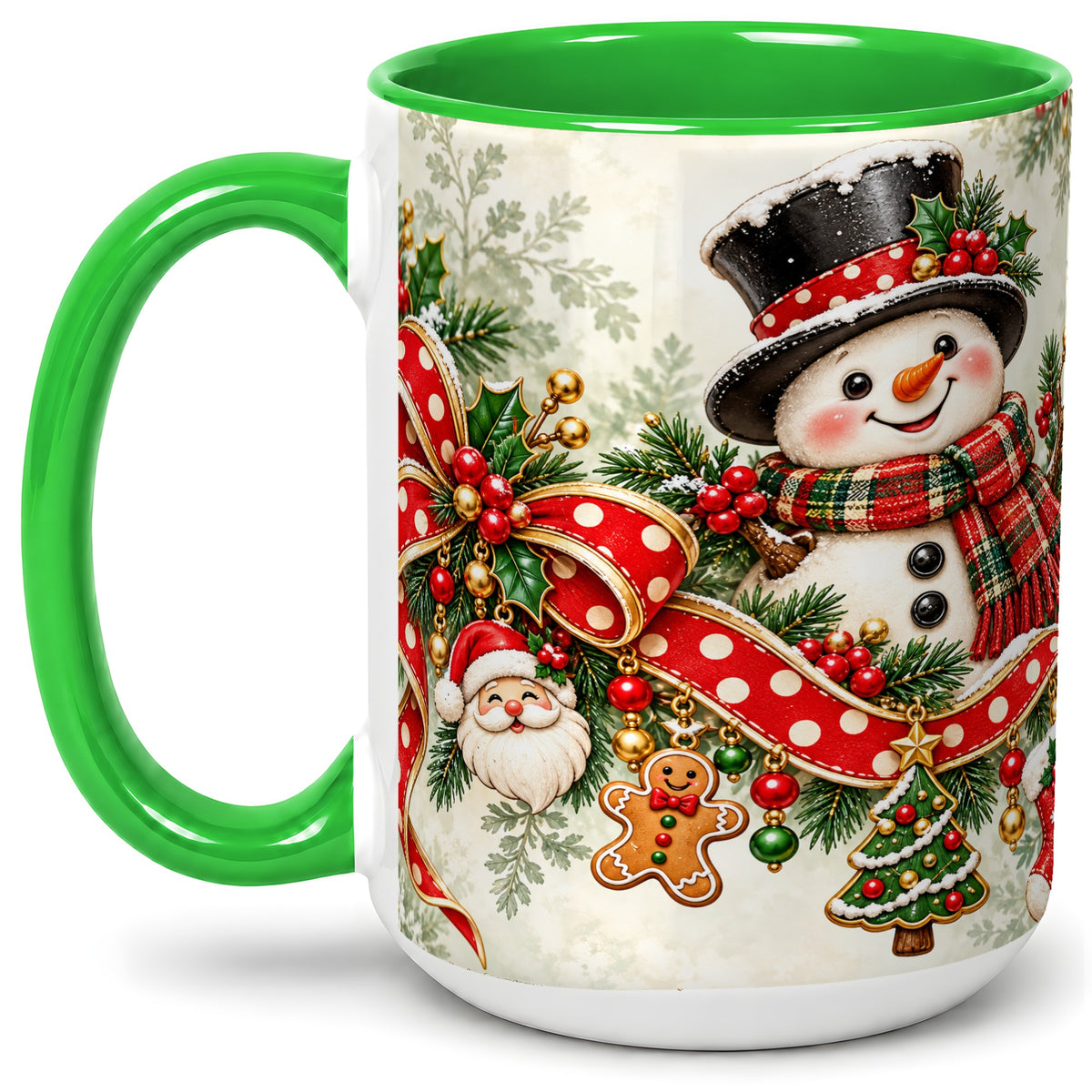 #pl[15oz|Green] Christmas Snowman Accent Mug, Ceramic Cup with Red Bow Artwork